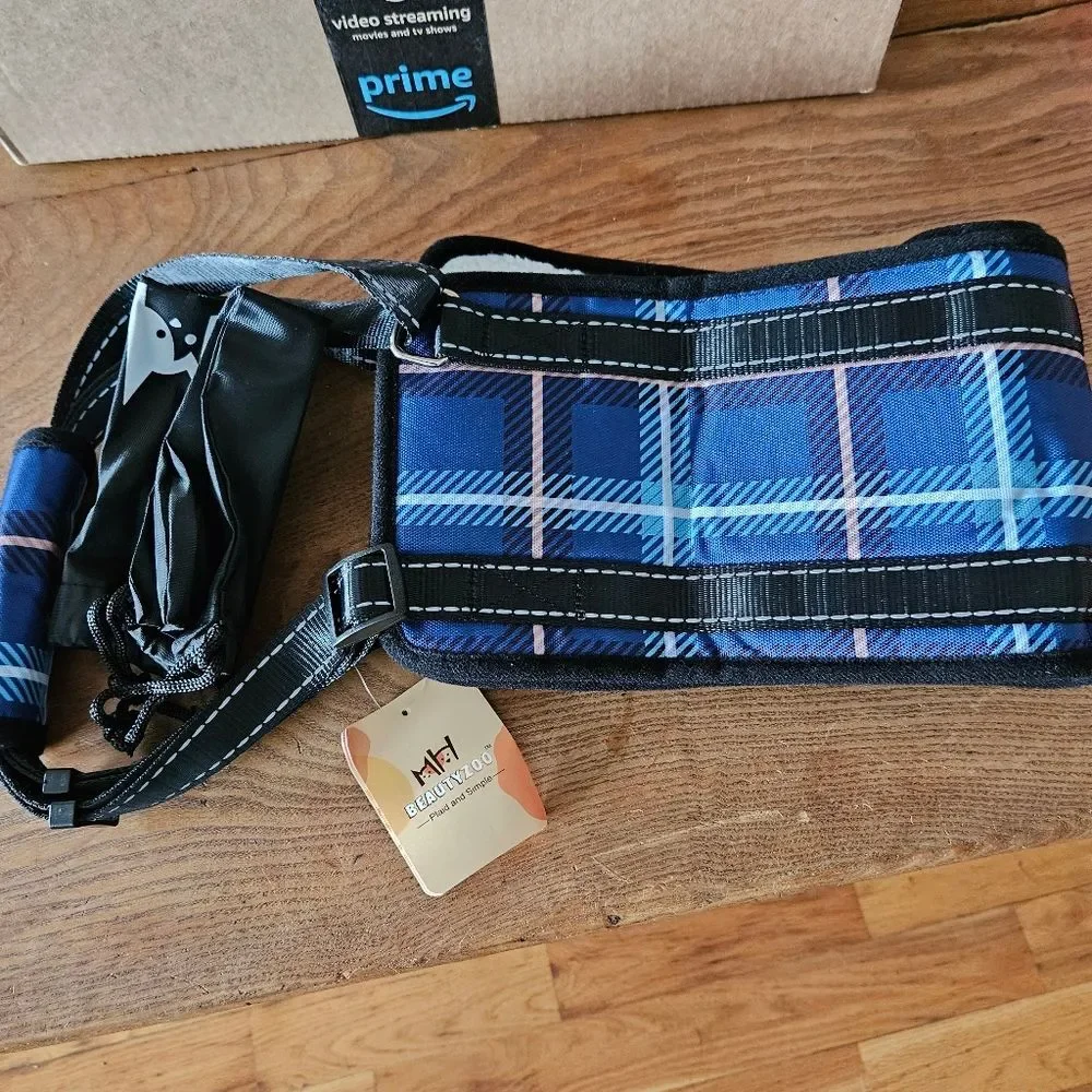 BEAUTYZOO Blue Plaid Dog Sling Harness – Size M 20–80 lbs – Step-In Comfort New